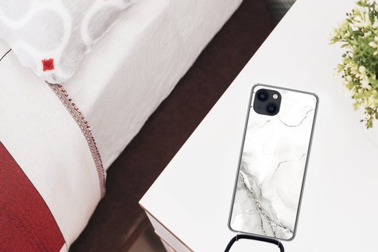 Cordon de téléphone - Chaîne de téléphone - Coque avec cordon iPhone 13 Mini - Marbre - Wit - Motifs - Siliconen - Bandoulière - Coque de téléphone avec cordon