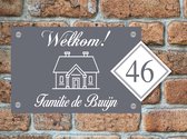 Naambordje voordeur welkom huisje 20x30 met nummer grijs