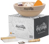 Holy Dough Rijsmandje Rond - Set – Ø 23cm -  Incl. Hard & Soft Deegschraper - RVS Deegmesje – Linnen Deegkleed