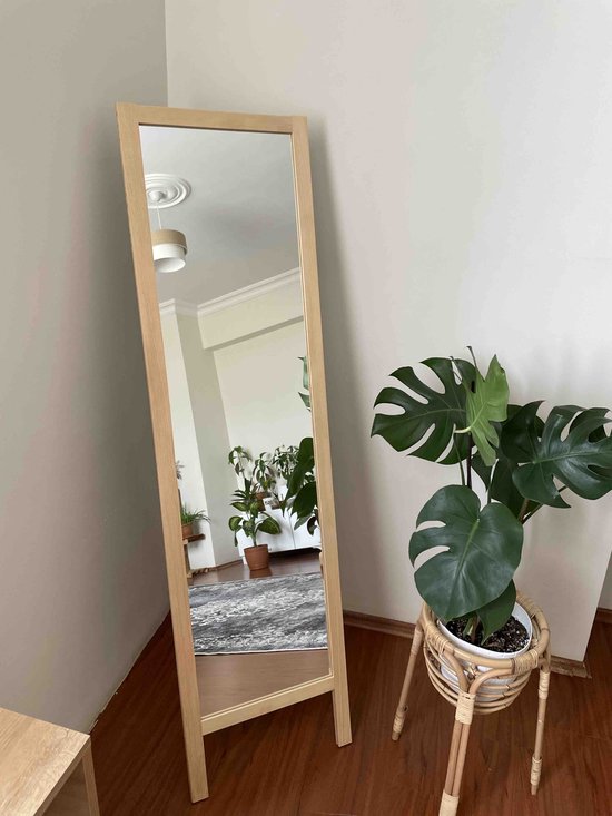 Double T Concept® Miroir sur Pied Naturel - Miroirs - Miroir en pied Bois - Miroir de maquillage - Miroir mural - 40 x 145cm