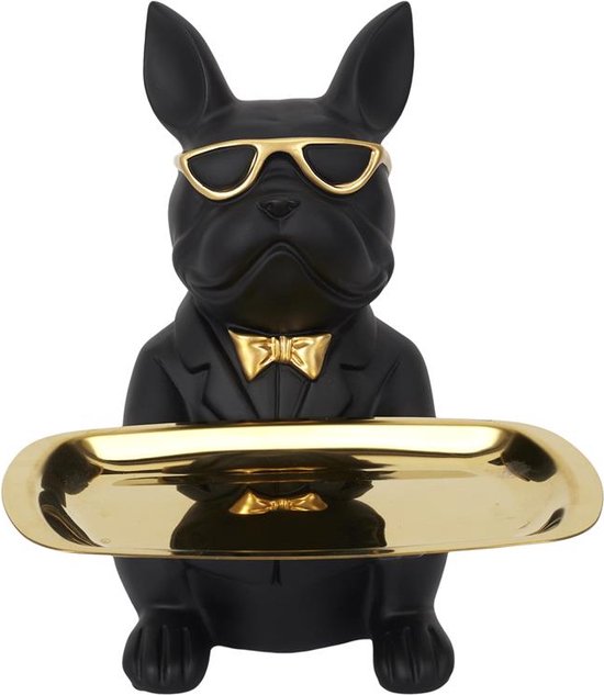 Beeld Bulldog Zwart met Goudkleurige dienblad – H21 cm