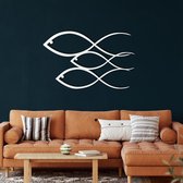 Wanddecoratie |Vis Familie /Fish Family  decor | Metal - Wall Art | Muurdecoratie | Woonkamer |Wit| 45x28cm