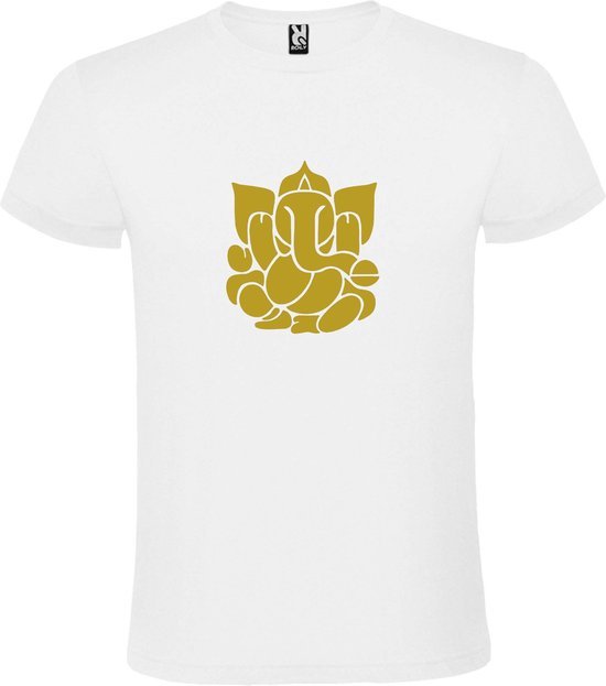 Wit  T shirt met  print van de "heilige Olifant Ganesha " print Goud size XL