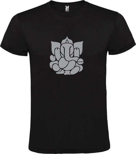 Zwart  T shirt met  print van de "heilige Olifant Ganesha " print Zilver size L