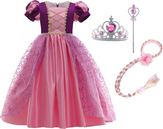 Het Betere Merk - Prinsessenjurk meisje - Roze / Paarse jurk - maat 110/116 (120) - Verkleedkleding meisje - Kroon - Tiara - Carnavalskleding Kind - Kleed - Haarband met vlecht - Magische toverstaf