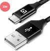 LifeGoods USB-C kabel - 3 Meter - 2.4A - Snelladen - USB C naar USB-A - Gevlochten Nylon - Zwart