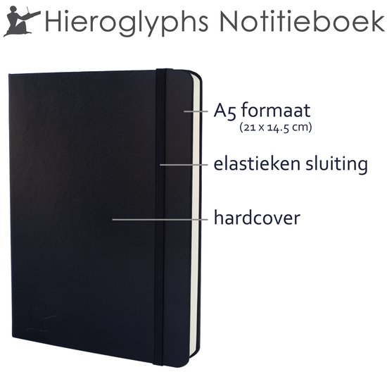 Hieroglyphs Carnet de Notes A5 - Cahier ligné à couverture rigide avec fermeture élastique - 189 pages numérotées - papier 100 grammes - 2 signets - poche - journal notebook - Noir