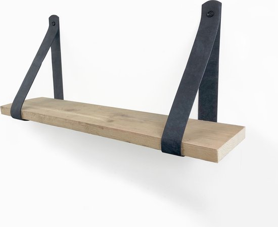 Steigerhouten plank 75 x 20 cm met leren riemen antraciet - Wandplank  industrieel -... | bol.com