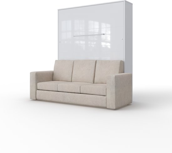 Maxima House - INVENTO SOFA Elegance - Verticaal Vouwbed Inclusief Hoekbank - Logeerbed - Opklapbed - Bedkast - Inclusief LED - Hoogglans Wit + Beige Sofa - 200x160 cm