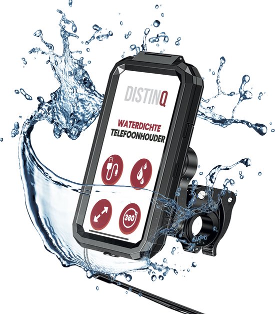 DistinQ Telefoonhouder Fiets Waterdicht XL (6 tot 7 inch) - 360 Graden draaibaar - fiets, scooter & motor - GSM houder fiets - Waterdicht IP67 - Zwart - DistinQ