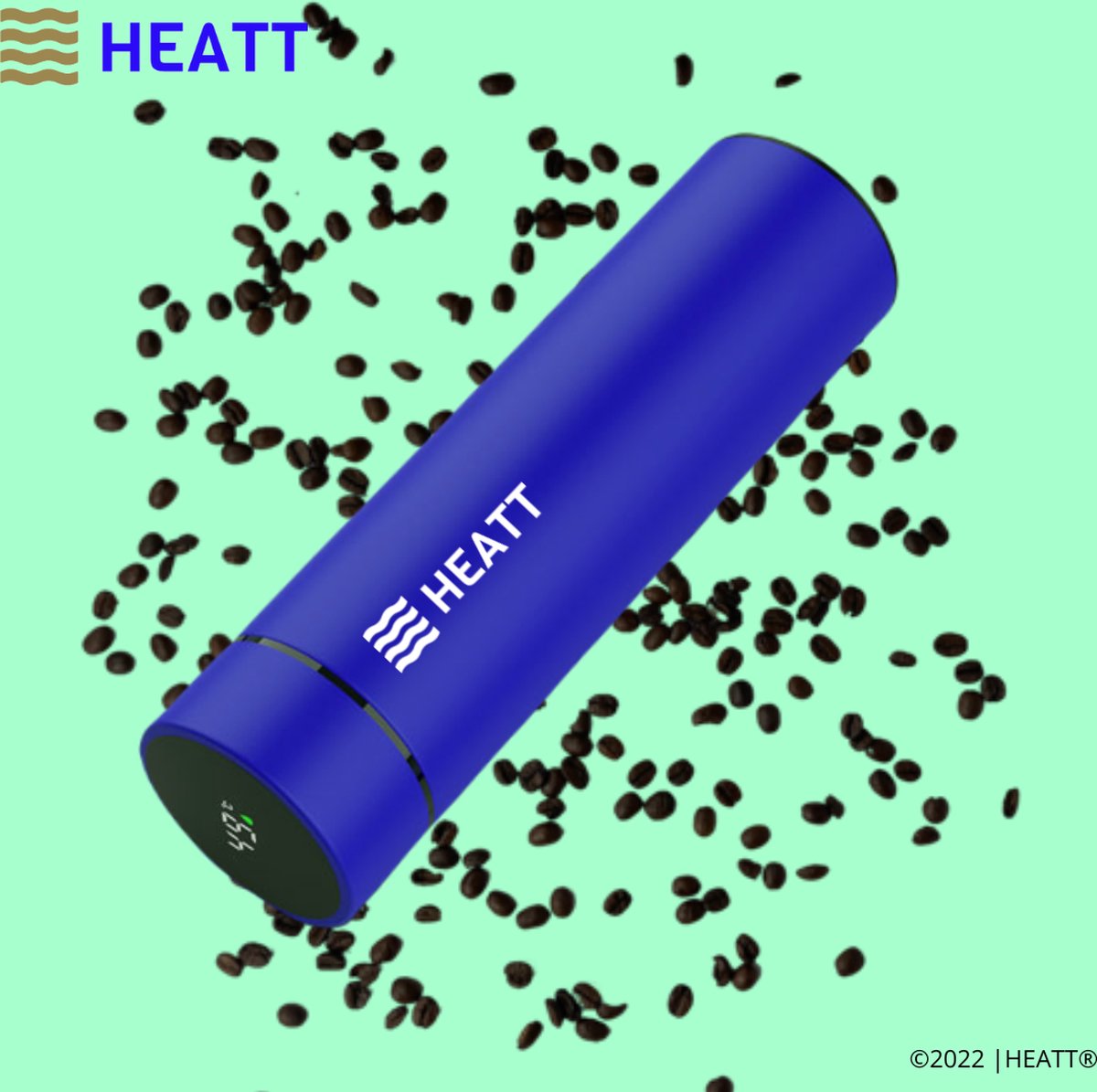 HEATT | De slimme thermosbeker - Blauw - Thermosbeker - Thermosfles - 12 uur warm - 24 uur koud - hermetisch afgesloten thermosbeker - vacuüm afgesloten thermosbeker - thermoskan - koffiebeker - slimme thermosbeker - smart thermosbottle