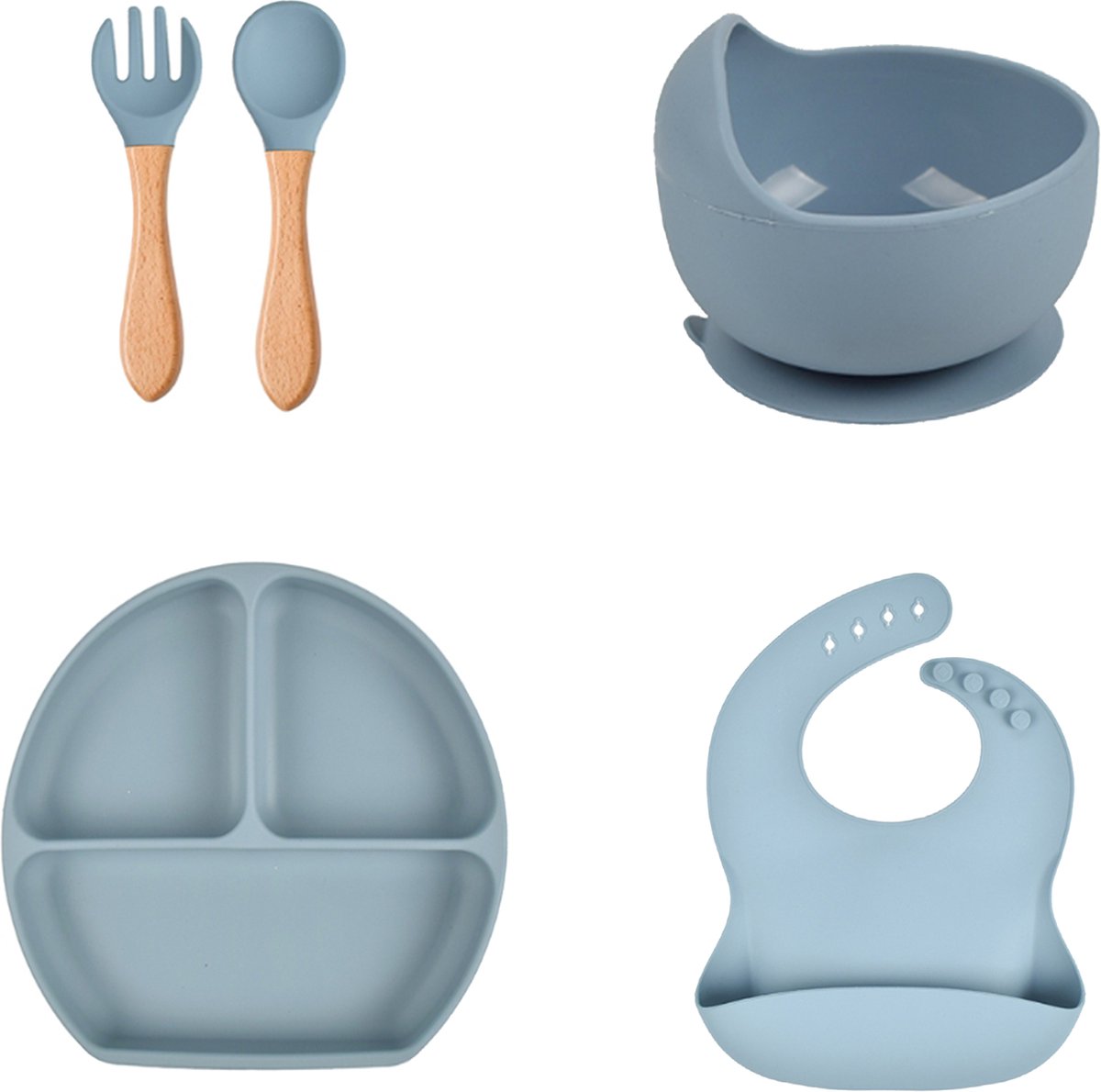 Goedkoopste Ambraese - Siliconen kinderservies - Baby bestek - 5 delig - BPA vrij - met zuignap