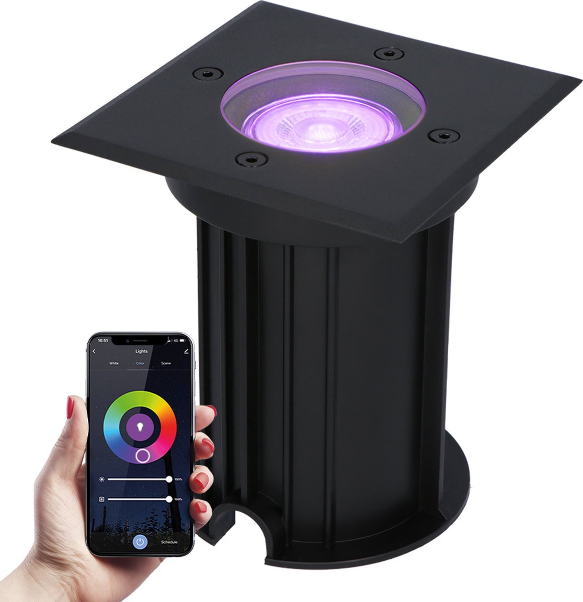 HOFTRONIC - Smart LED Grondspot Zwart Vierkant - RGBWW 16,5 Miljoen kleuren - WiFi + Bluetooth - Bedienbaar via stem - 5.5 Watt 450 Lumen - IP67 Waterdicht - 3 jaar garantie - Inbouwdiepte: 140mm, Diameter: 103mm