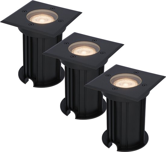 HOFTRONIC - Set van 3 Ramsay LED Grondspot Zwart - 2700K Warm wit - Vierkant Aluminium - 5 Watt 400 Lumen - Tuinspots, Padverlichting en Opritverlichting