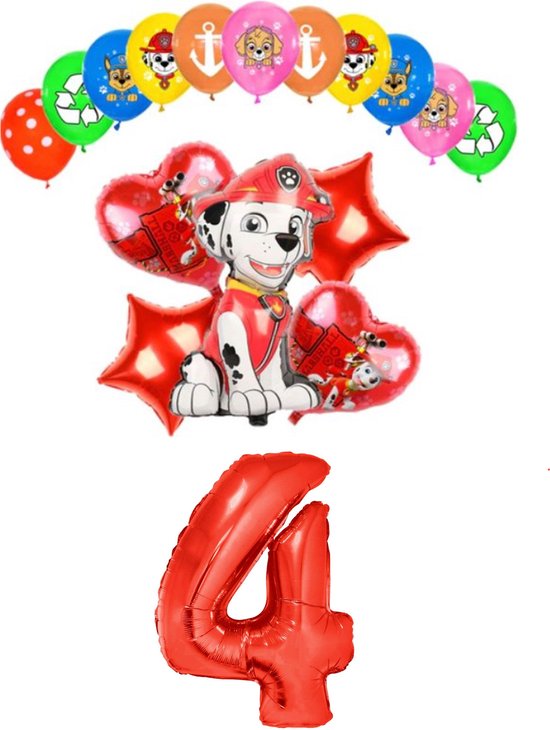 Paw Patrol folieballonnen -  Marshall - set van 18 ballonnen - 4 jaar - Kinderverjaardag - thema