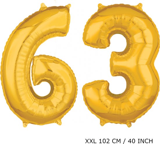 Mega grote XXL gouden folie ballon cijfer 63 jaar.  leeftijd verjaardag 63 jaar. 102 cm 40 inch. Met rietje om ballonnen mee op te blazen.