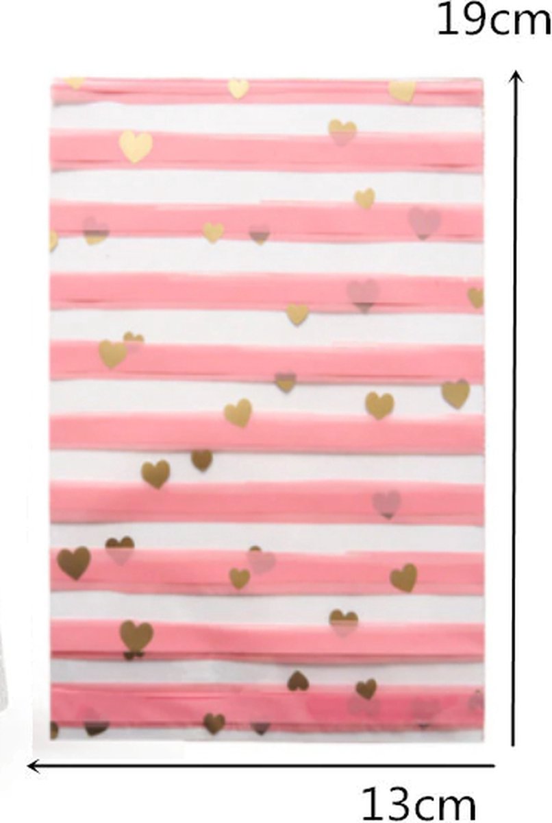 FISKA - 50x Transparante Zakjes Roze Gestreept Met Sluitstrips - Uitdeelzakjes - Trakteerzakjes - Uitdeelzakjes Hart - Snoepzakjes - Uitdeelzakjes Kinderfeest - Zakjes Roze met Gouden Hartjes — afbeelding 2