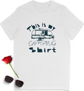 This is my Camping Shirt - Grappig Camping t Shirt - Tshirt met caravan print - t-Shirt vrouwen met tekst - Tshirt voor mannen - Dames en heren t shirt - Unisex maten: S M L XL XXL XXXL - Shirt kleuren: wit, khaki en geel.