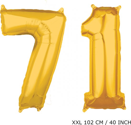 Mega grote XXL gouden folie ballon cijfer 71 jaar. Leeftijd verjaardag 71 jaar. 102 cm 40 inch. Met rietje om ballonnen mee op te blazen.