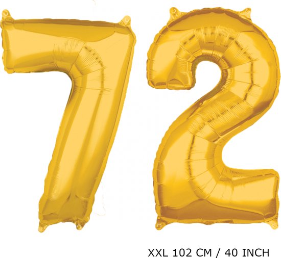 Mega grote XXL gouden folie ballon cijfer 72 jaar. Leeftijd verjaardag 72 jaar. 102 cm 40 inch. Met rietje om ballonnen mee op te blazen.