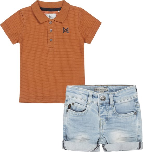 Koko Noko - Kledingset(2delig) - short jeans used look - shirt polo bruin - Maat 134