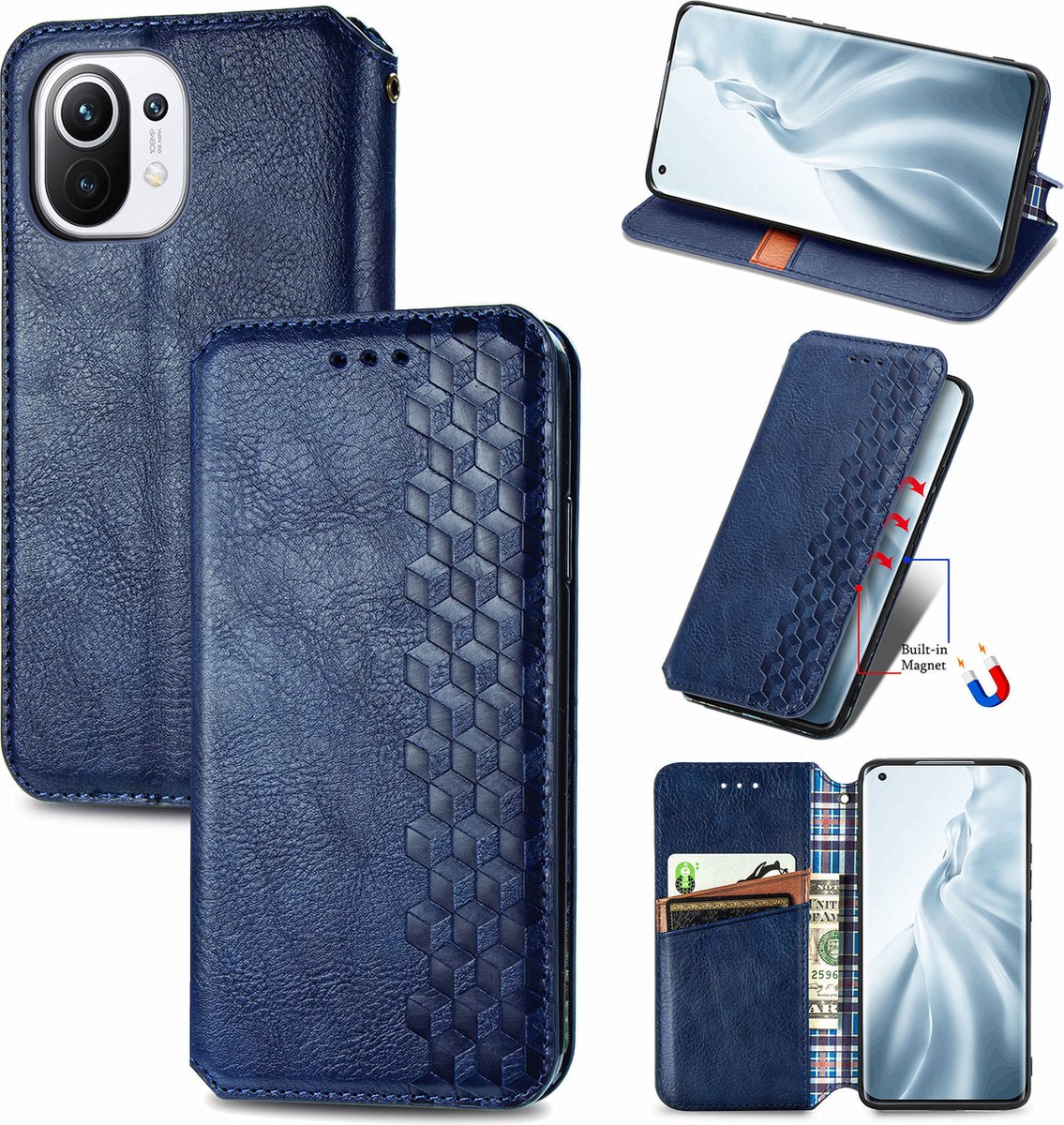 Luxe PU Lederen Ruitpatroon Wallet Case + PMMA Screenprotector voor Xiaomi Mi 11 _ Blauw