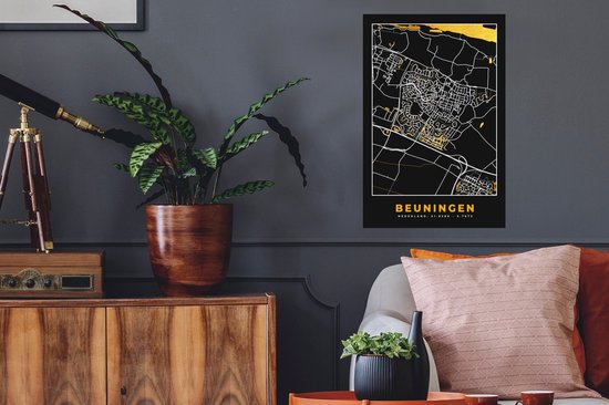 Stickers muraux - Beuningen - Black and Gold et Or - Carte - Plan d'étage - Plan de la ville - 40x60 cm - Film adhésif