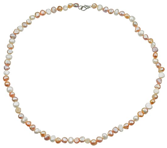 Zoetwater parel ketting Pearl Soft Colors Small - echte parels - handgeknoopt - sterling zilver (925) - wit, roze en zalm kleur - 43 cm + 5 cm verlengketting