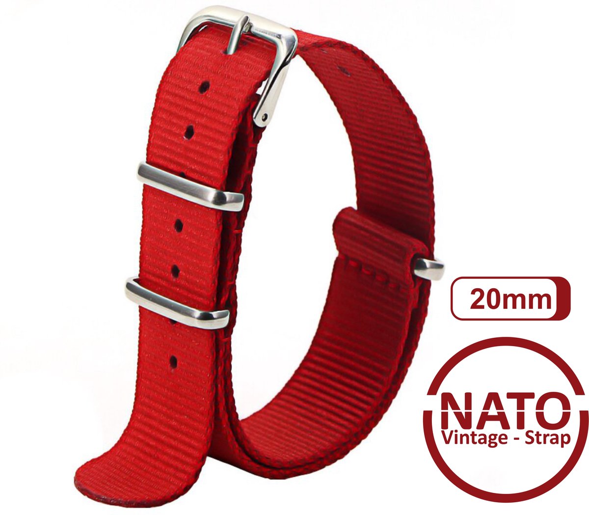 20mm Premium Nato Strap Rood - Vintage James Bond - Nato Strap collectie - Mannen - Horlogeband - 20 mm bandbreedte voor oa. Seiko Rolex Omega Casio en Citizen