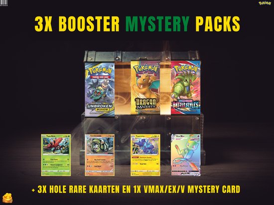 Thumbnail van een extra afbeelding van het spel POKÉMON MYSTERY BOOSTER BOX 3x PACKS + 1x EX/V/GX/Secret Rare VMAX kaart + 3 Holo Rare kaarten.