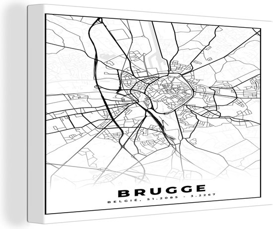 Canvas Schilderij Plattegrond – Brugge – Zwart Wit – Stadskaart - Kaart - België - 120x80 cm - Wanddecoratie