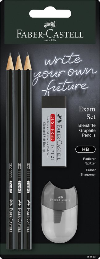 Faber-Castell Exam Set: 3 zwarte HB potloden, een gum en een puntenslijper.