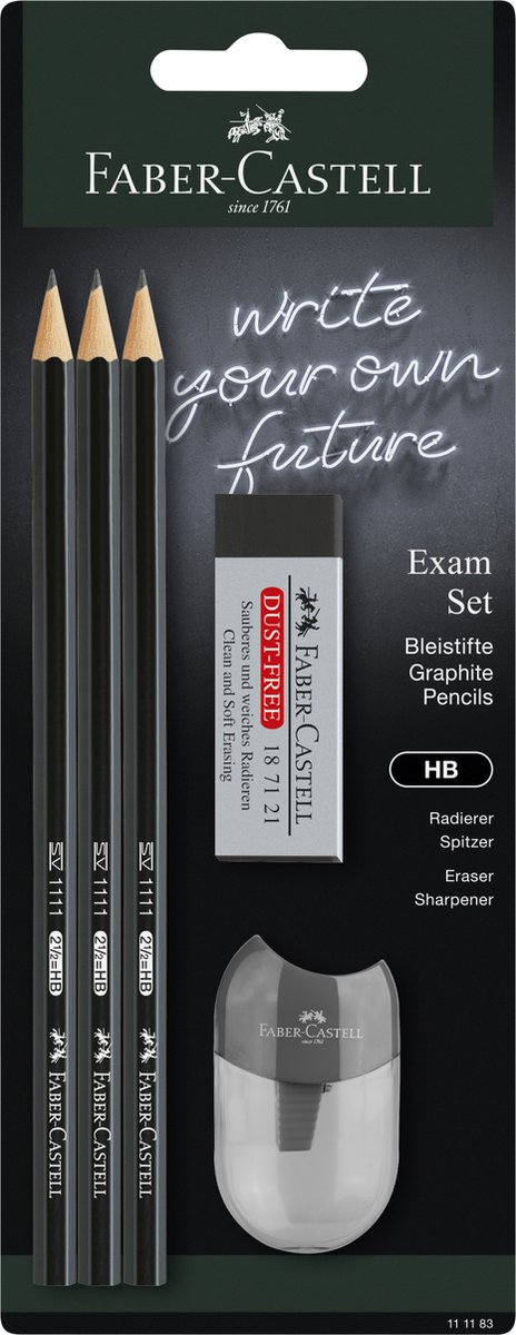 Faber-Castell schoolset - grafiet potloden 1111 - HB - gum + puntenslijper - zwart - FC-111183