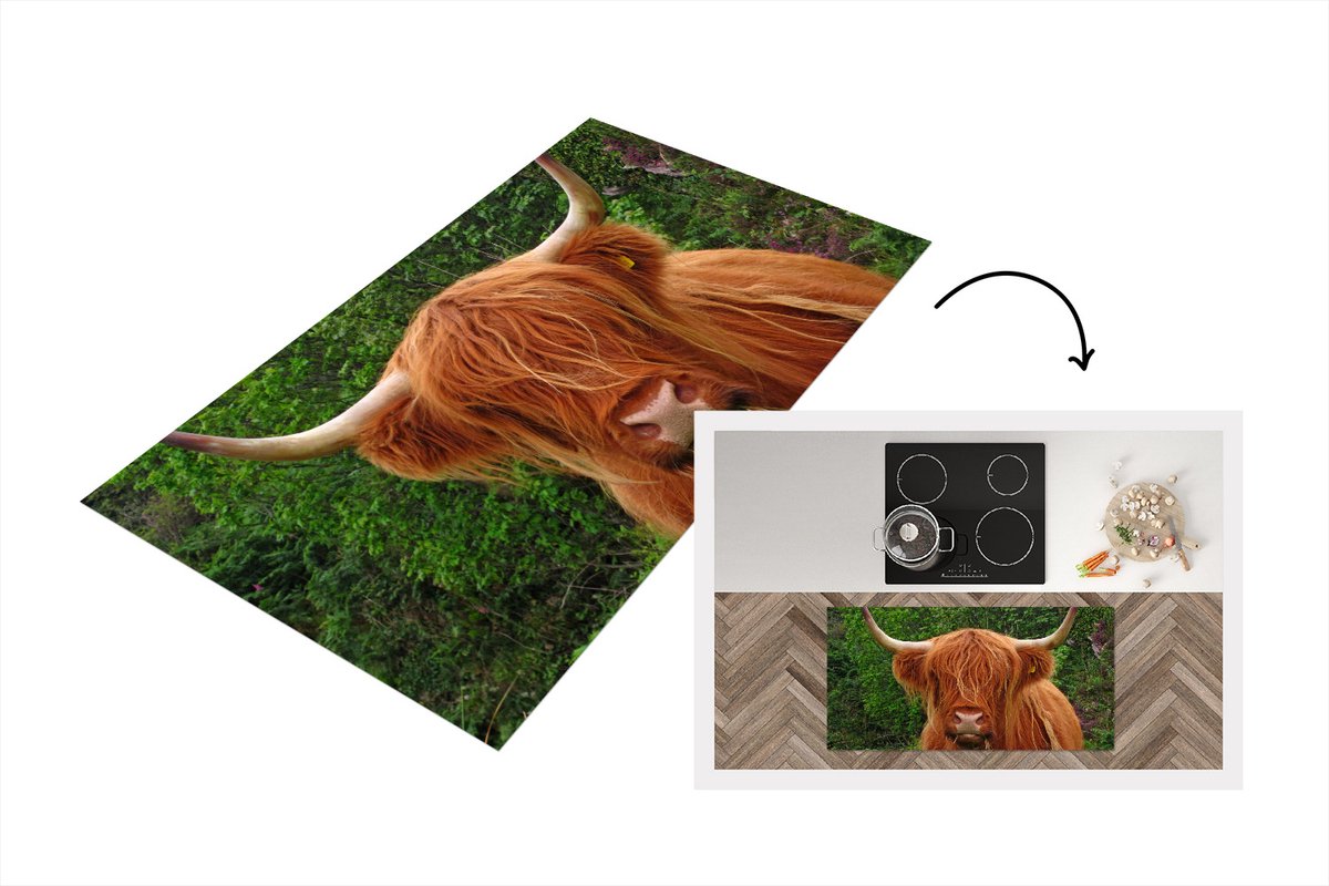 KitchenYeah Keukenloper - Loper keuken - Schotse hooglander - Koe - Gras - 120x60 cm - Keukenloper vinyl Multicolor