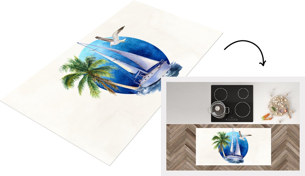 KitchenYeah Keukenloper - Loper keuken - Zeilboot - Vogel - Palmboom - Zee - 120x60 cm - Keukenloper vinyl Multicolor