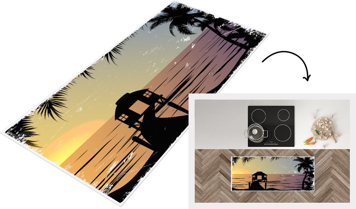 KitchenYeah Keukenloper - Loper keuken - Zee - Pier - Palmbladeren - Nacht - 120x50 cm - Keukenloper vinyl Multicolor