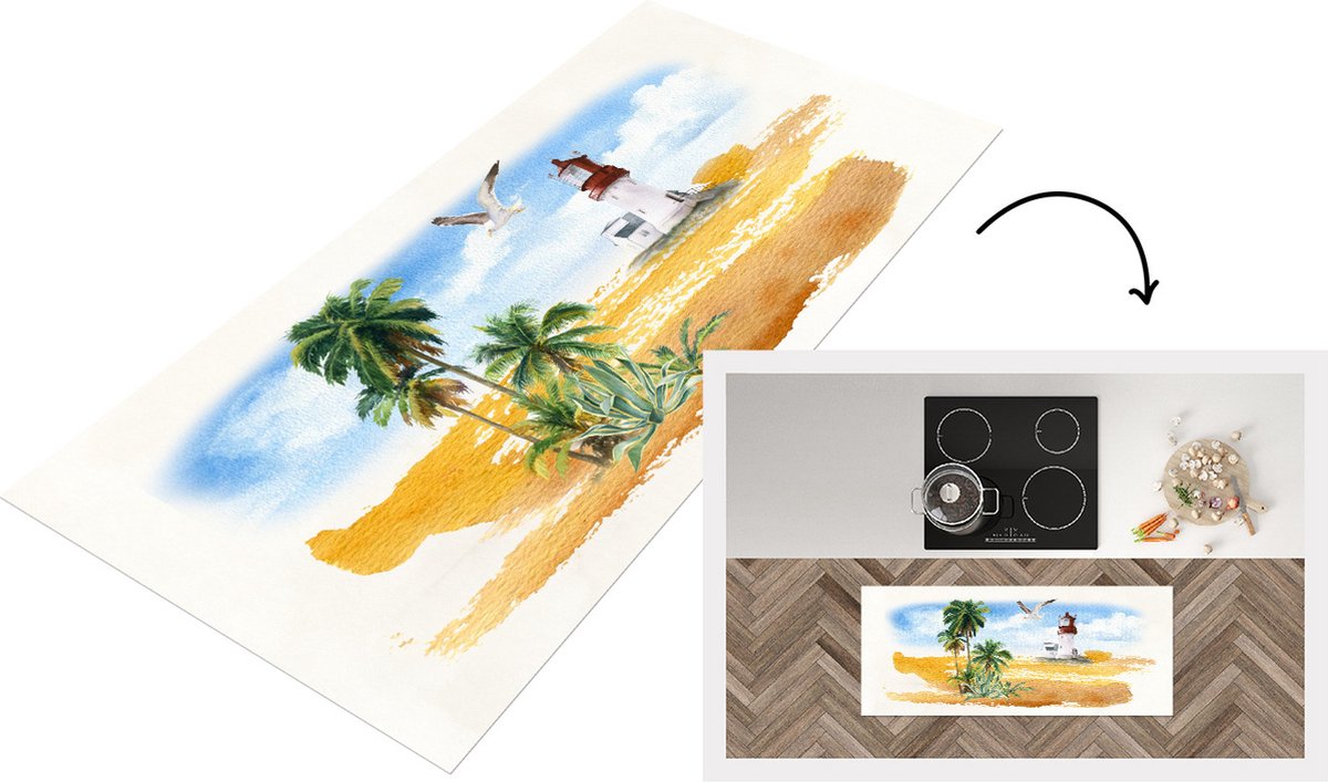 KitchenYeah Keukenloper - Loper keuken - Vuurtoren - Palm - Vogel - Strand - 120x50 cm - Keukenloper vinyl Multicolor