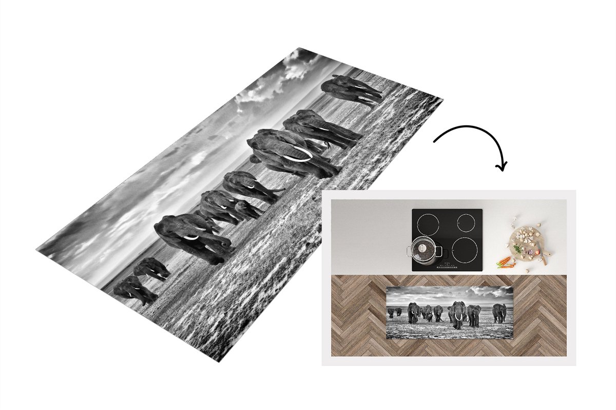 KitchenYeah Keukenloper - Loper keuken - Olifant - Zwart - Wit - Savanne - 120x50 cm - Keukenloper vinyl Multicolor