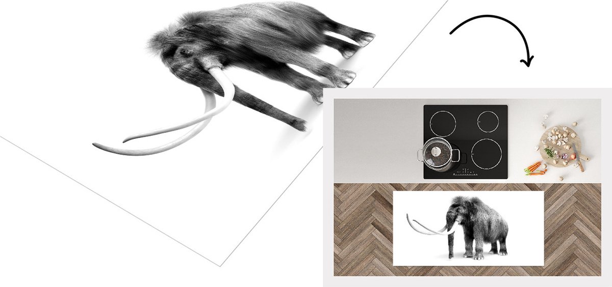 KitchenYeah Keukenloper - Loper keuken - Illustratie van een Mammoet - zwart wit - 120x60 cm - Keukenloper vinyl Zwart; Wit