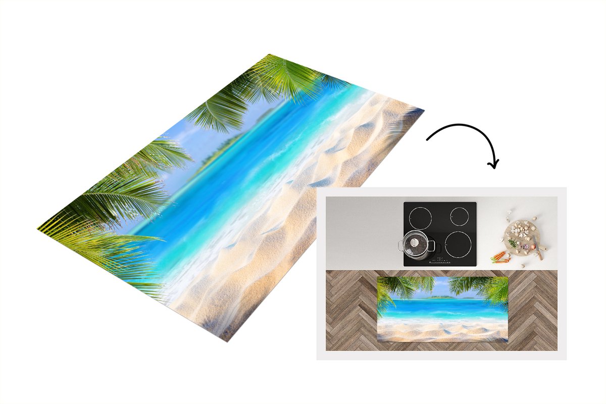 KitchenYeah Keukenloper - Loper keuken - Strand - Palmboom - Zee - Eiland - 120x60 cm - Keukenloper vinyl Multicolor