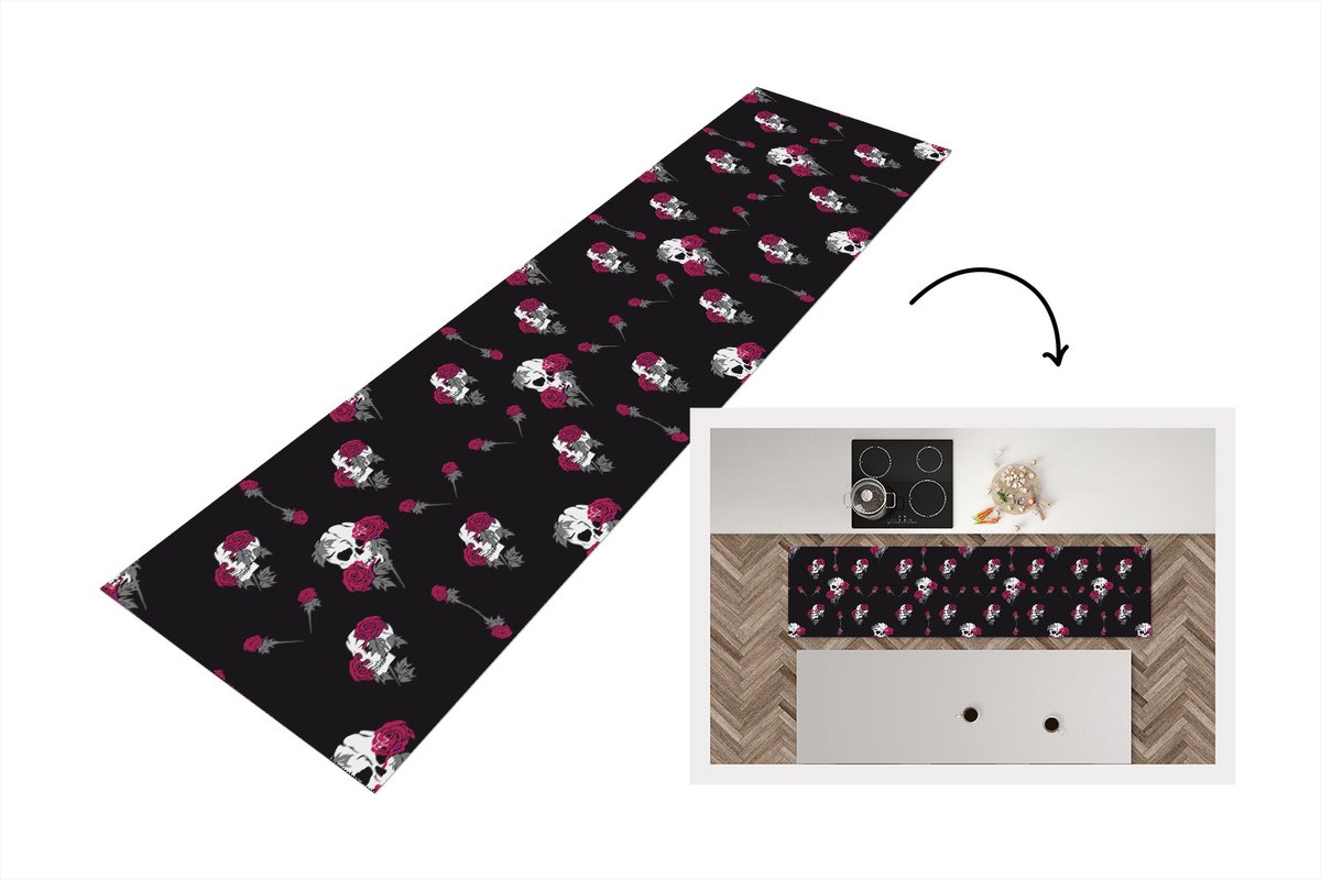 KitchenYeah Keukenloper - Loper keuken - Meiden - Skull - Rozen - Patronen - 200x50 cm - Keukenloper vinyl Multicolor