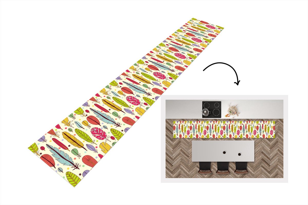 KitchenYeah Keukenloper - Loper keuken - Patroon - Veren - Kleuren - 300x50 cm - Keukenloper vinyl Multicolor