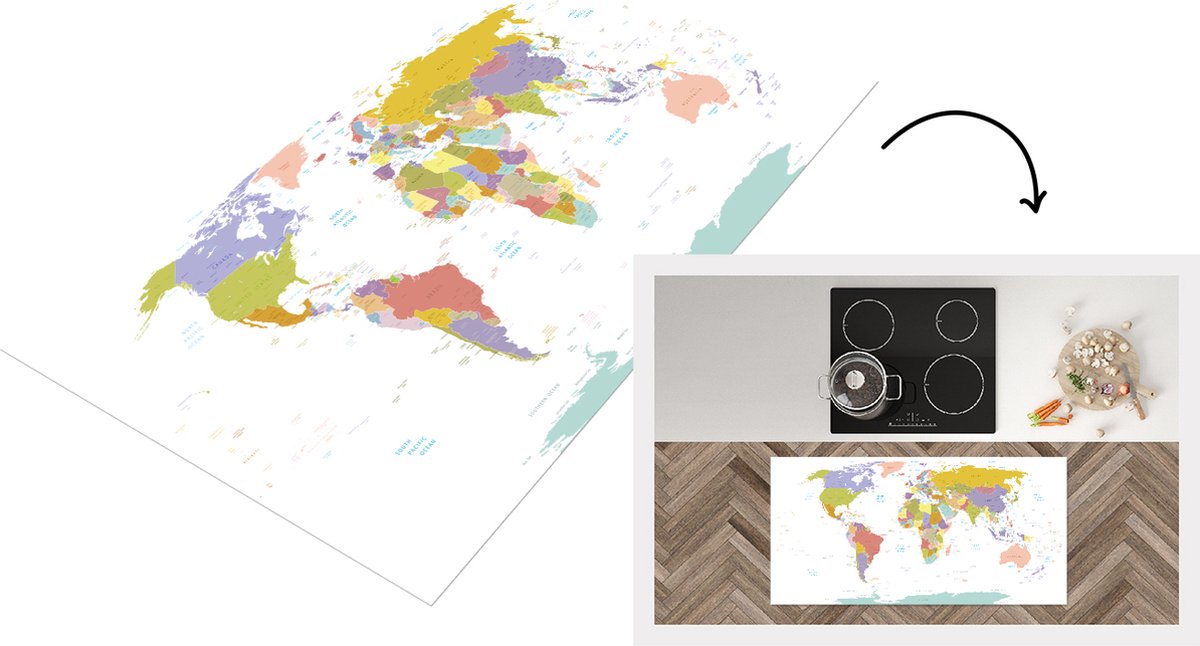 KitchenYeah Keukenloper - Loper keuken - Wereldkaart - Pastel - Kleuren - 120x60 cm - Keukenloper vinyl Multicolor