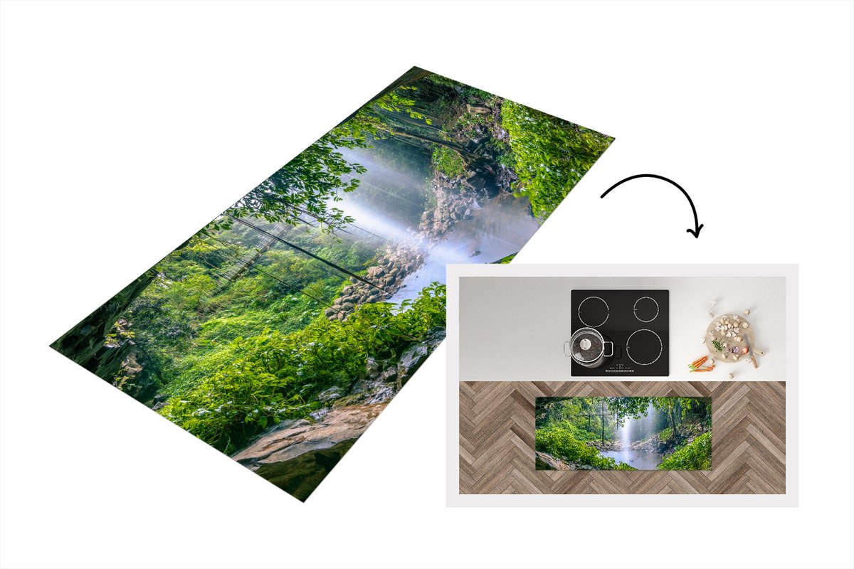 KitchenYeah Keukenloper - Loper keuken - Foto van regenwoud met waterval - 120x50 cm - Keukenloper vinyl Multicolor