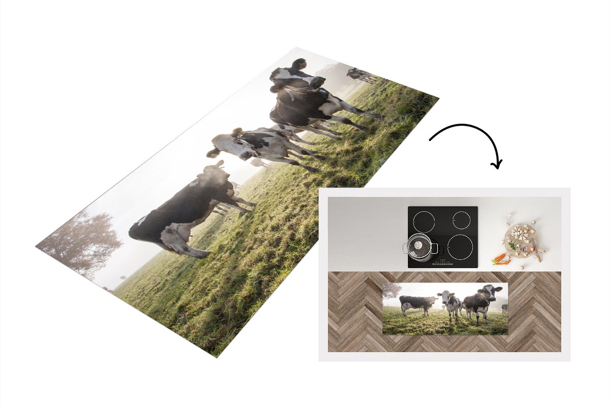 KitchenYeah Keukenloper - Loper keuken - Koeien - Gras - Mist - 120x50 cm - Keukenloper vinyl Multicolor
