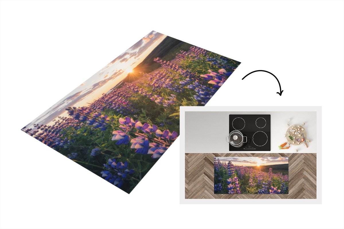 KitchenYeah Keukenloper - Loper keuken - Lupine - Zon - Paars - 120x60 cm - Keukenloper vinyl Multicolor