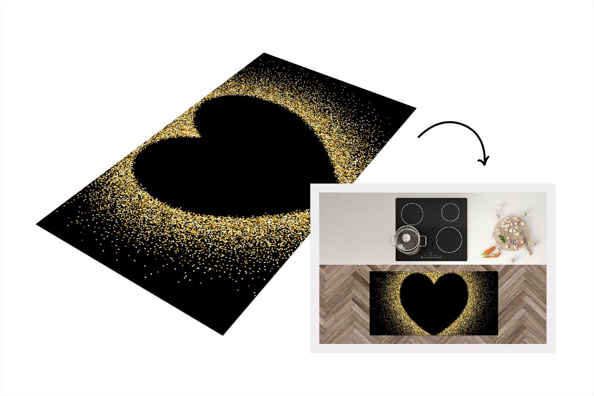 KitchenYeah Keukenloper - Loper keuken - Gouden hart op een zwarte achtergrond - 120x60 cm - Keukenloper vinyl Multicolor