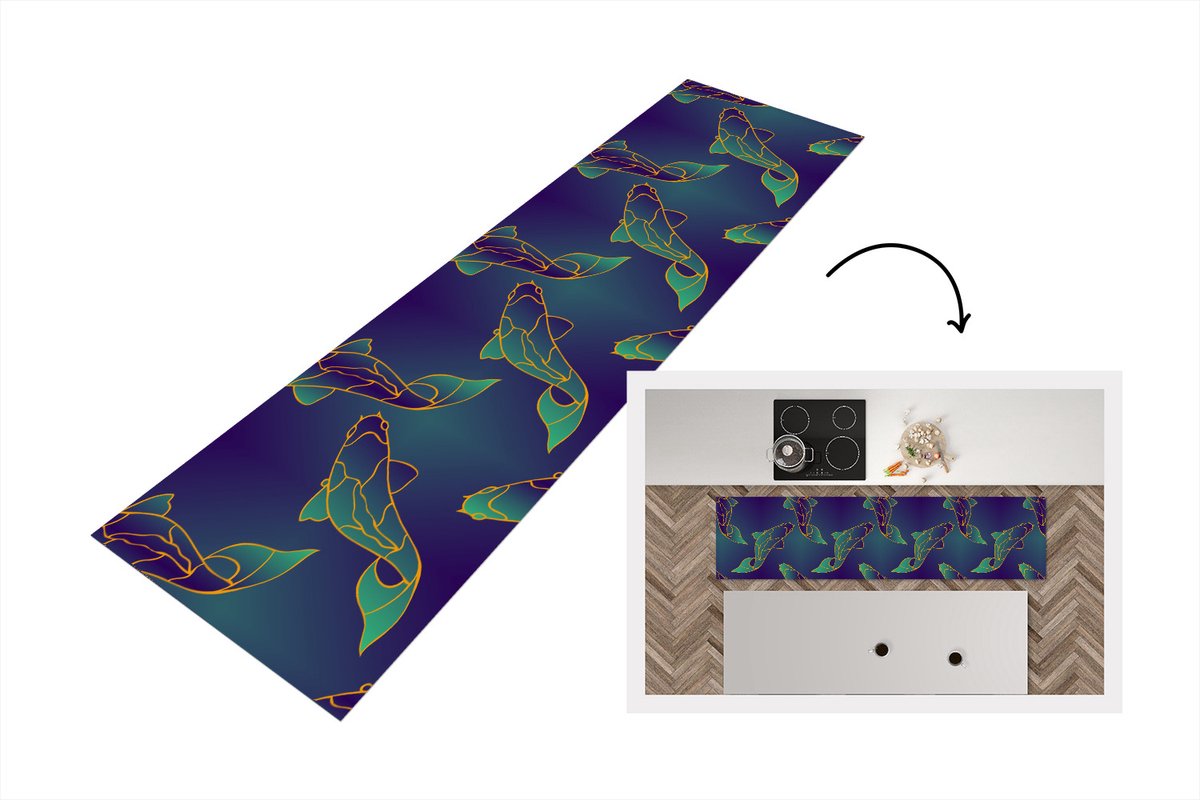 KitchenYeah Keukenloper - Loper keuken - Patronen - Vis - Koi - 200x50 cm - Keukenloper vinyl Multicolor