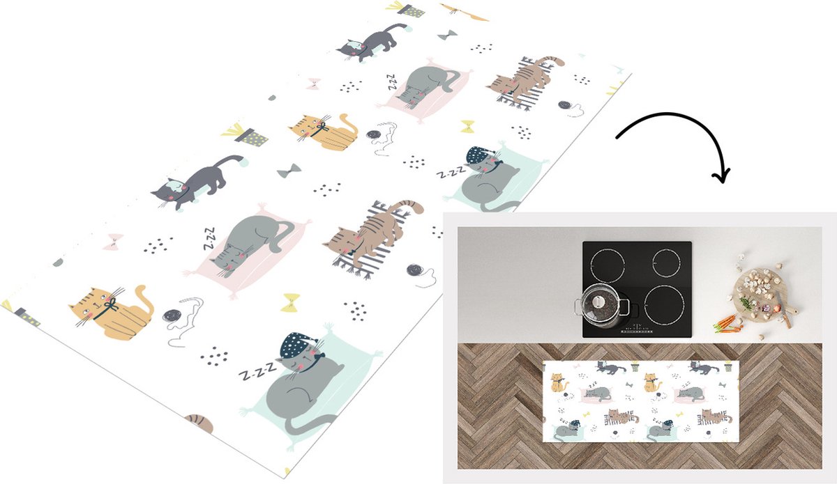 KitchenYeah Keukenloper - Loper keuken - Katten - Huisdieren - Patronen - 120x50 cm - Keukenloper vinyl Multicolor