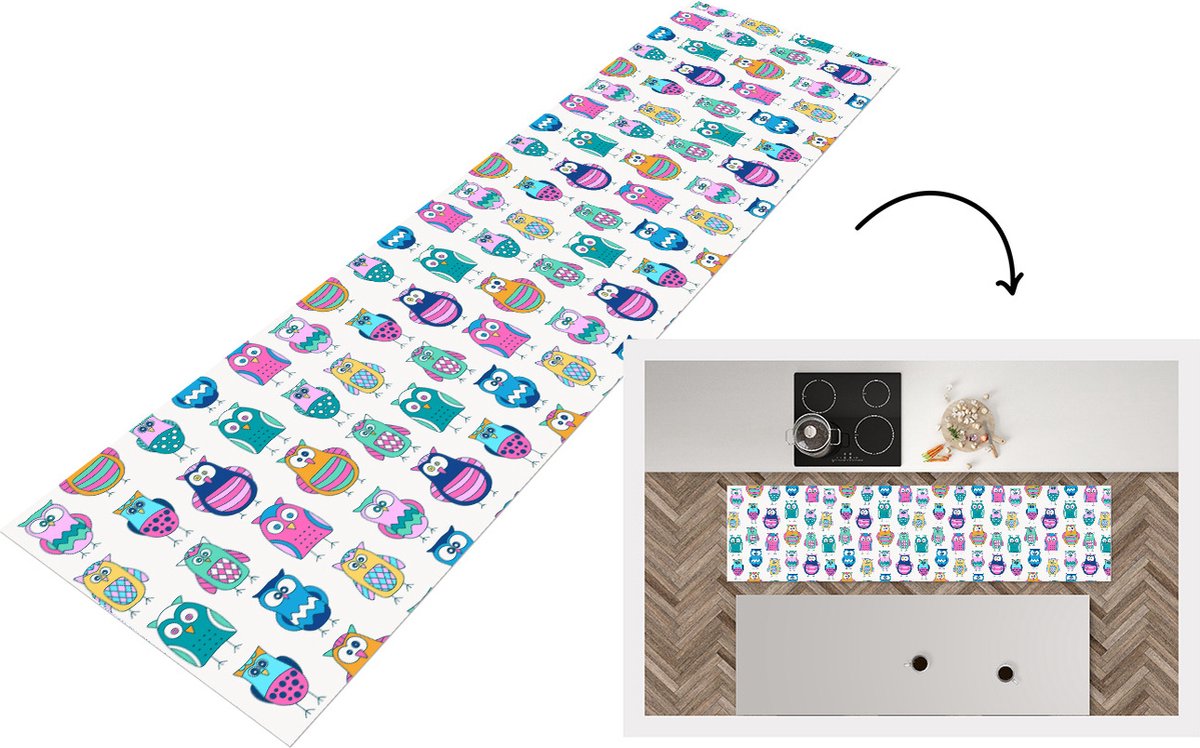KitchenYeah Keukenloper - Loper keuken - Regenboog - Uil - Cartoon - 240x60 cm - Keukenloper vinyl Multicolor